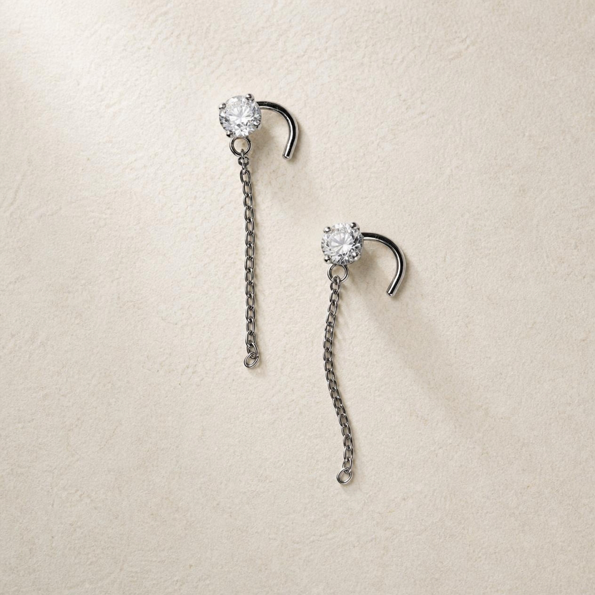 Paire de boucles d'oreilles Eléa en argent 925 rhodié, oxyde de zirconium blanc 4 mm et chaîne pendante 2,5 cm