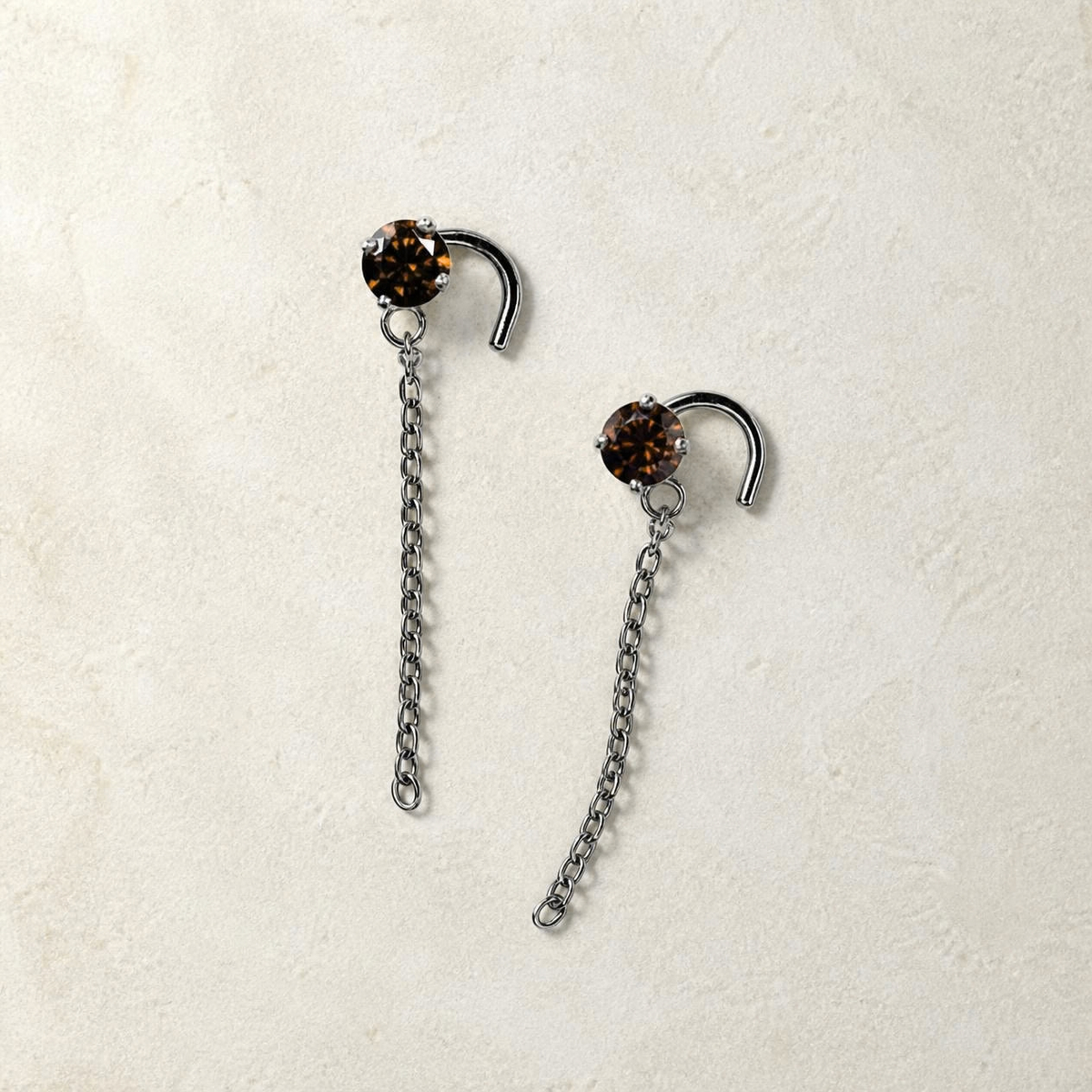 Paire de boucles d'oreilles Eléa en argent 925 rhodié, oxyde de zirconium brun 4 mm et chaîne pendante 2,5 cm